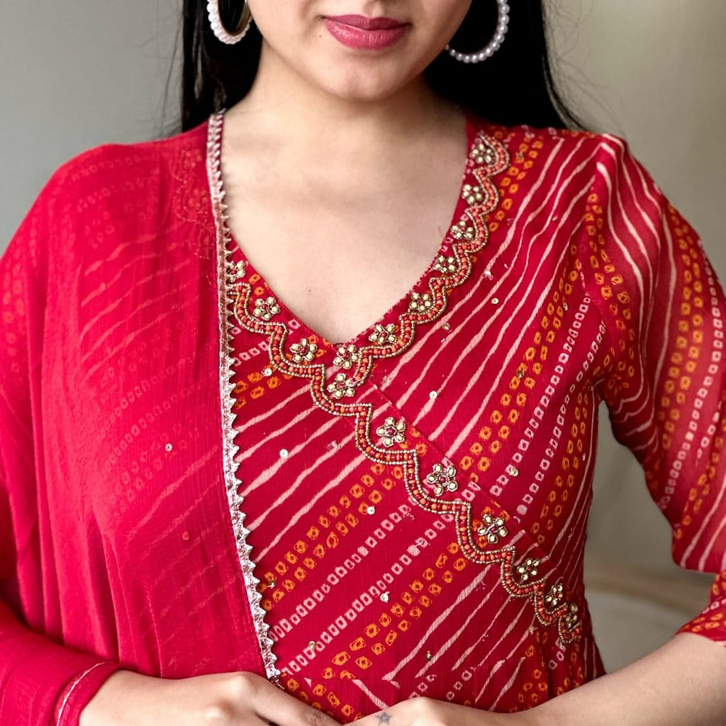 Red Anarkali Kurta Set With Angrakha Style For Women