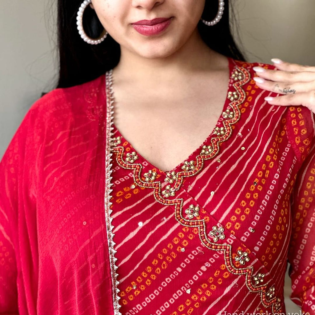 Red Anarkali Kurta Set With Angrakha Style For Women