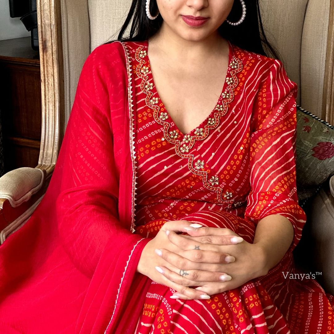 Red Anarkali Kurta Set With Angrakha Style For Women