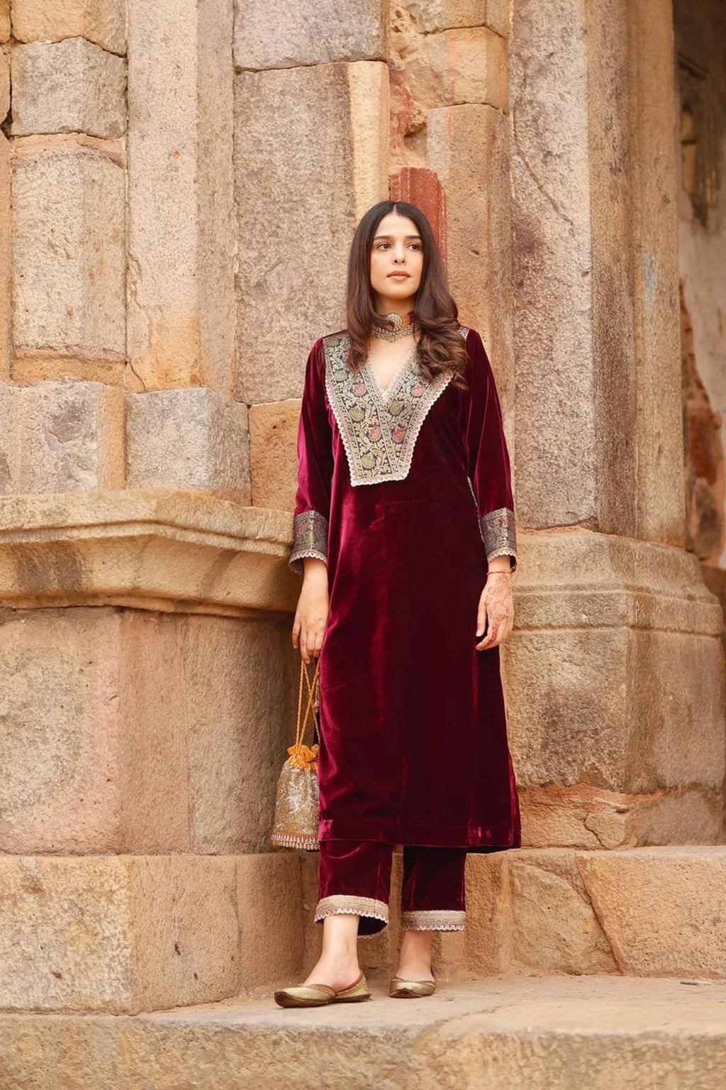 Premium Maroon Velvet Embroidered Kaftan Kurta