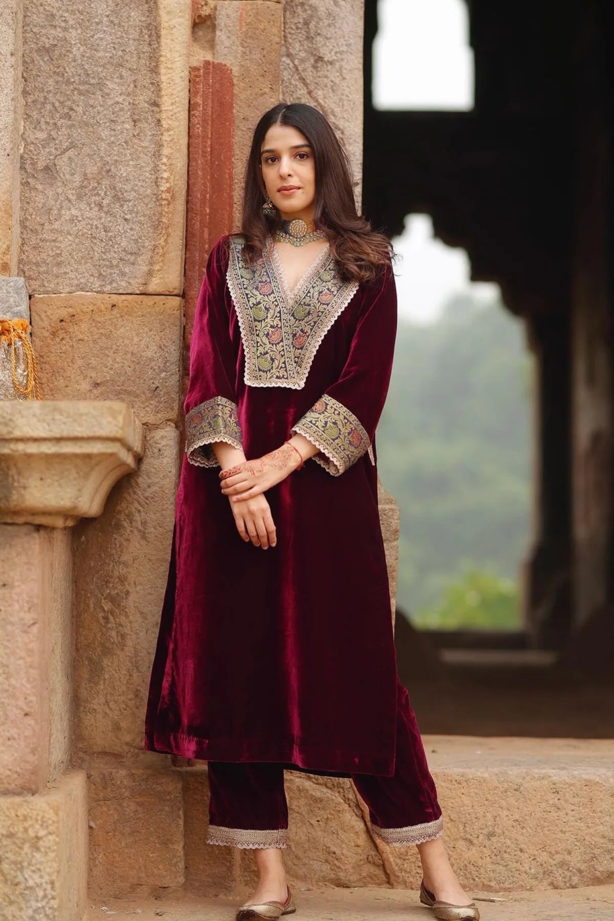Premium Maroon Velvet Embroidered Kaftan Kurta
