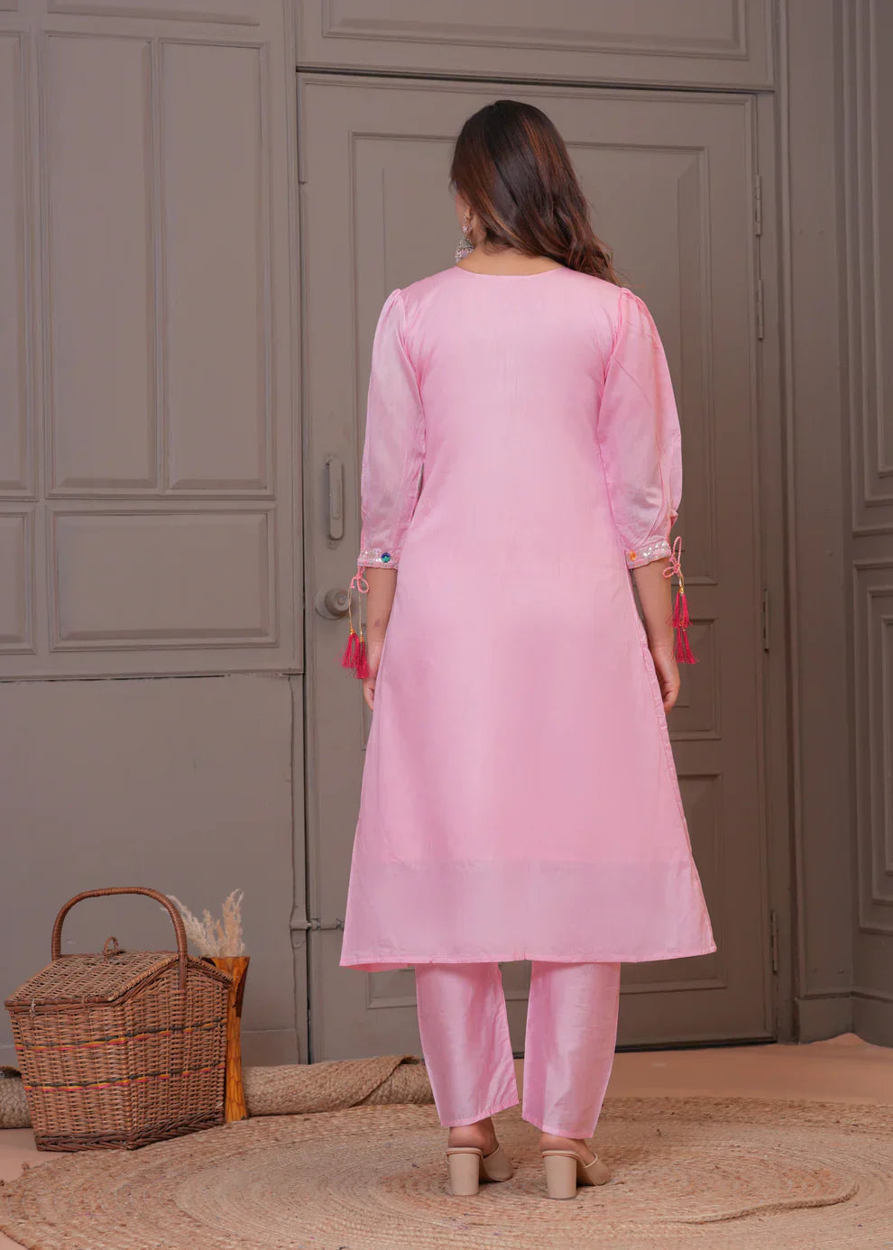 Light Pink Embroidered Chanderi Kurta and Pant Set with Dupatta