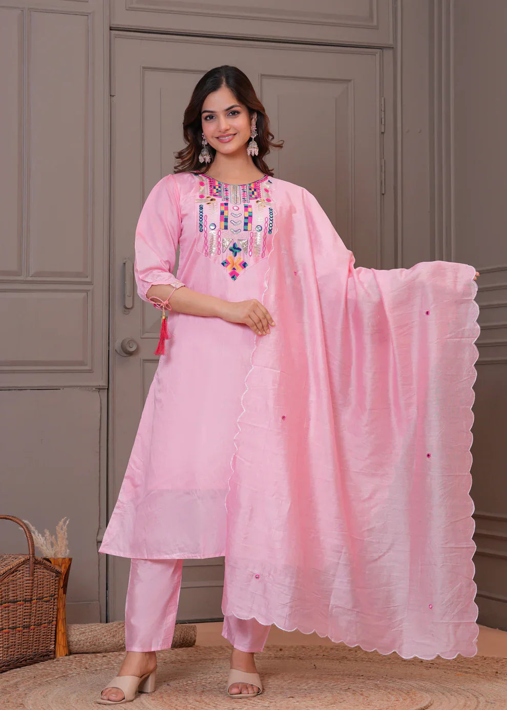 Light Pink Embroidered Chanderi Kurta and Pant Set with Dupatta