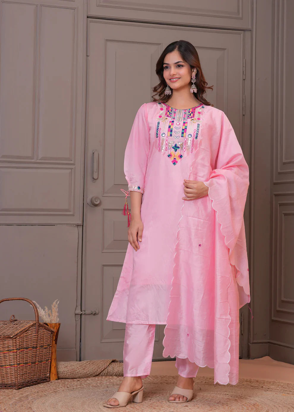 Light Pink Embroidered Chanderi Kurta and Pant Set with Dupatta