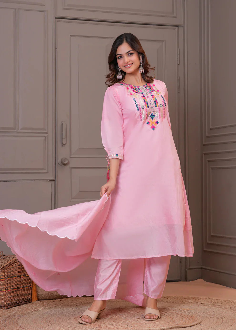 Light Pink Embroidered Chanderi Kurta and Pant Set with Dupatta