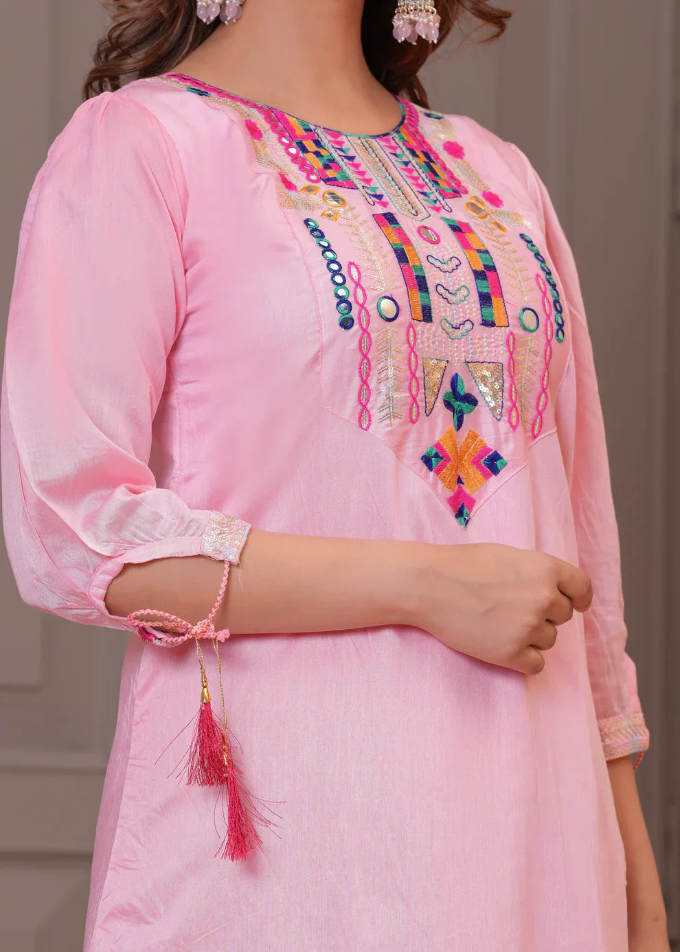Light Pink Embroidered Chanderi Kurta and Pant Set with Dupatta