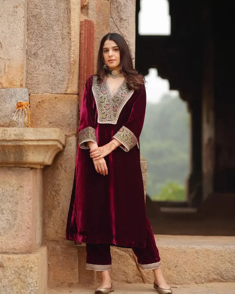 Premium Maroon Velvet Embroidered Kaftan Kurta