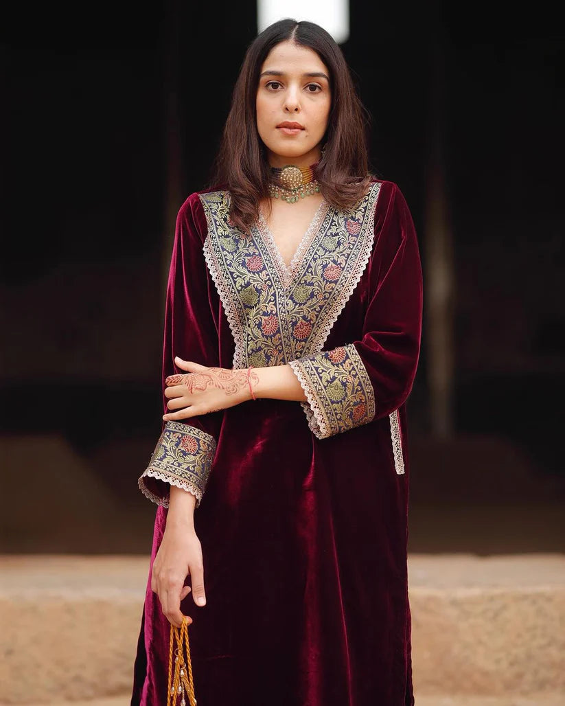 Premium Maroon Velvet Embroidered Kaftan Kurta