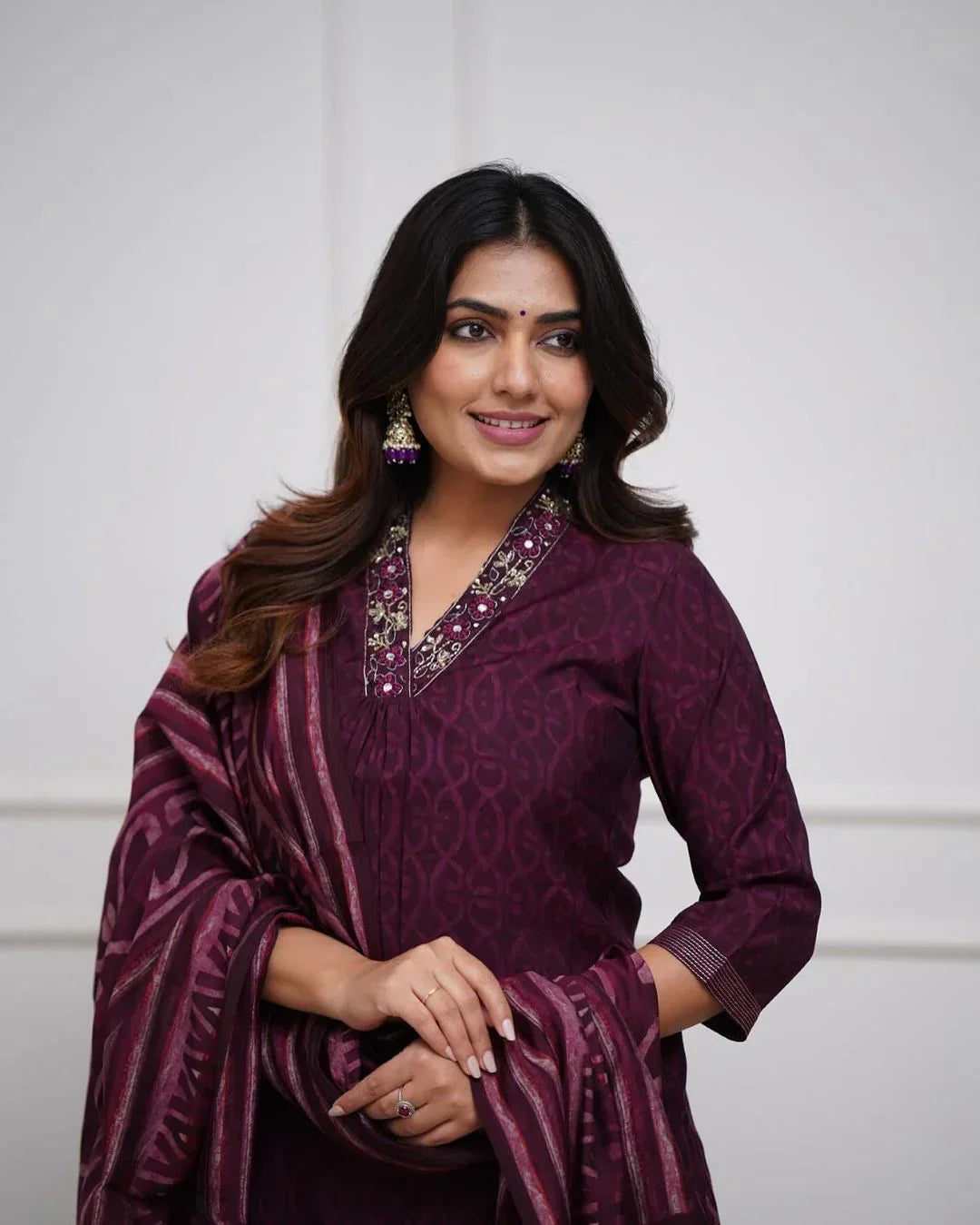 Wine Cotton Kurta With Pant & Dupatta Set For Women