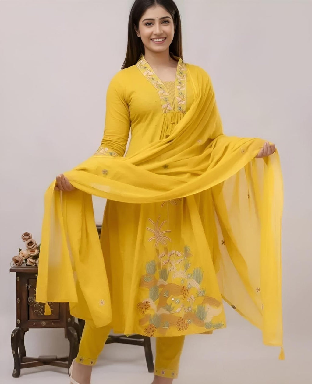 Yellow NRI Embroidery Cotton Kurta Pant and Dupatta set for Women