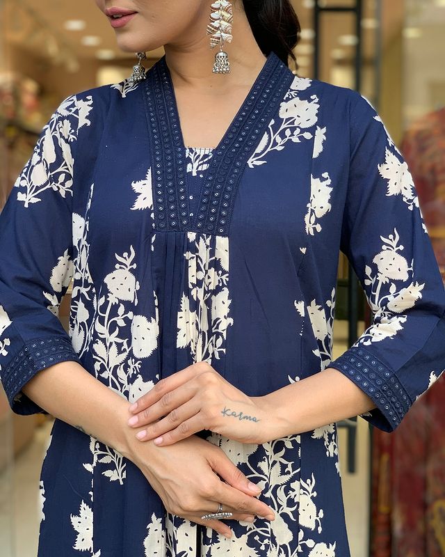 Blue Cotton Kurta Pant and Dupatta set for Women