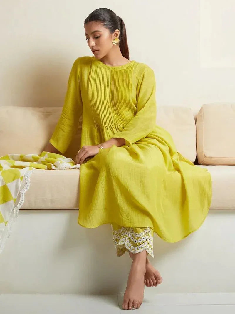 Lemon Yellow Embroidered Cotton Kurta and Pant Set with Dupatta