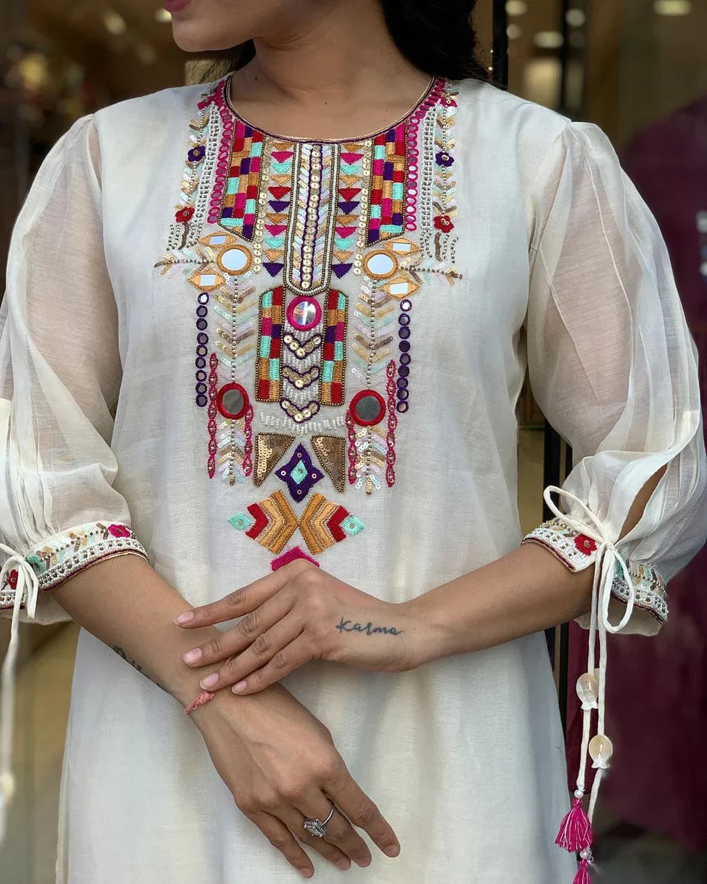 White Embroidered Chanderi Kurta and Pant Set with Dupatta