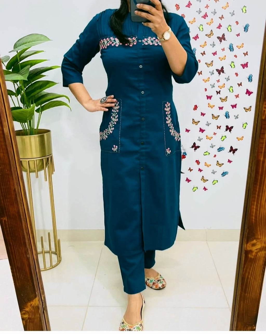 Teal Blue Straight-Cut Kurti Set with Floral Pocket Embroidery