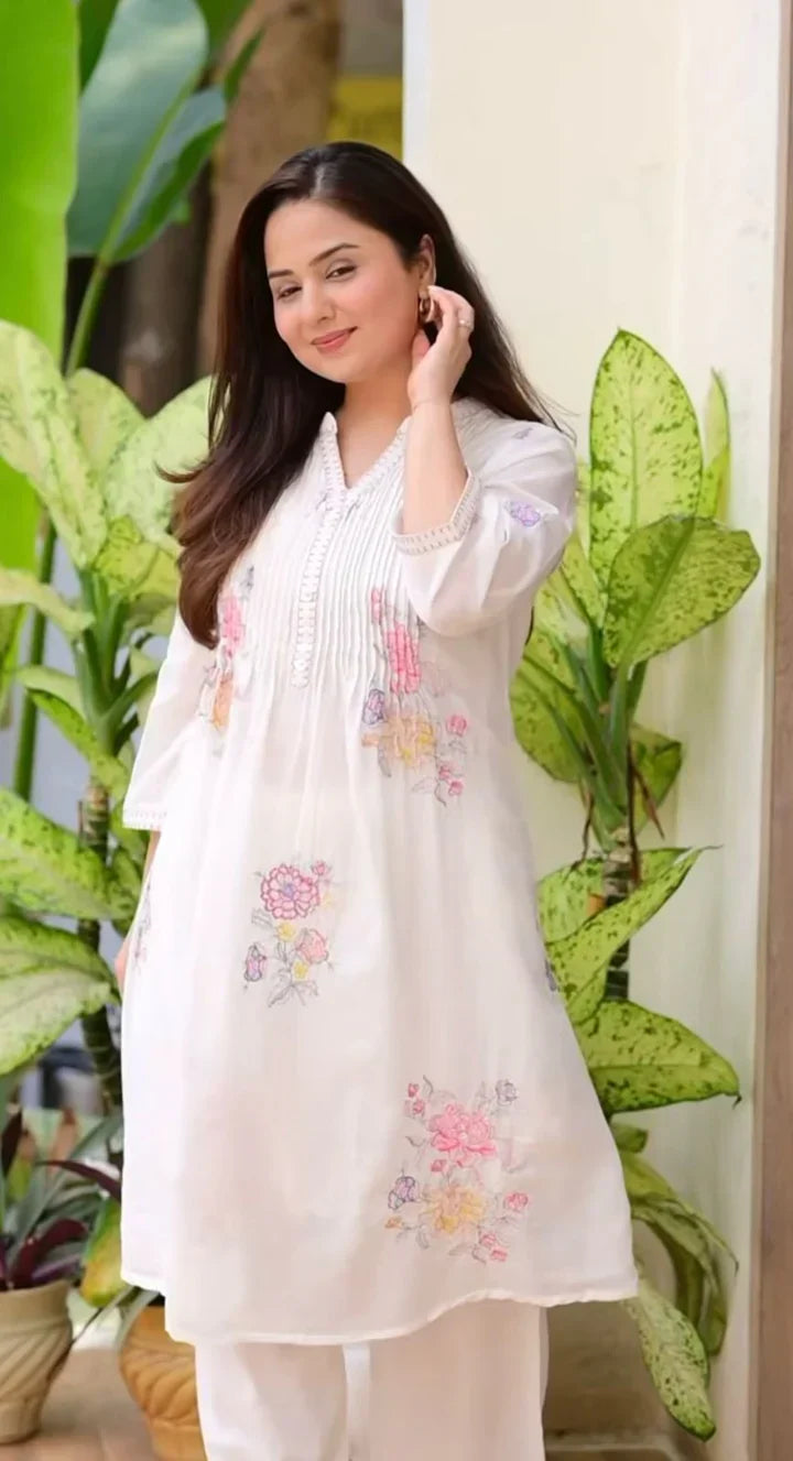 Off White Embroidered A-Line Kurta and Pant Set
