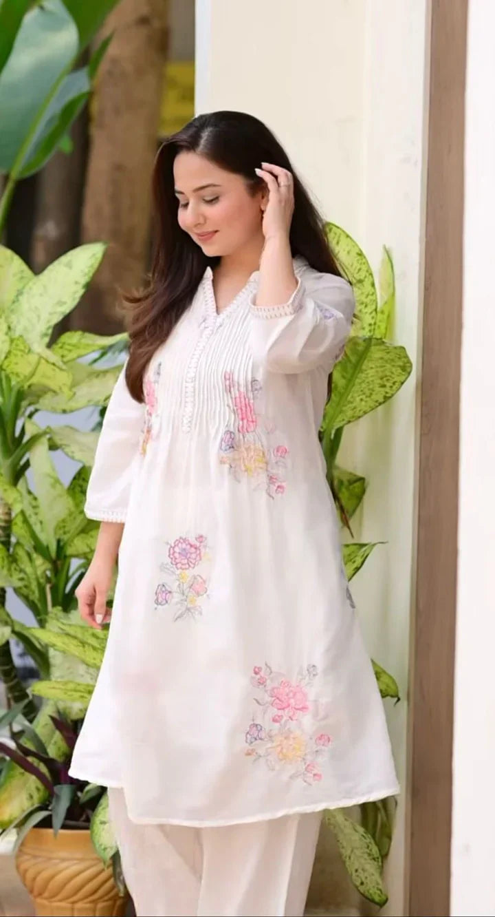 Off White Embroidered A-Line Kurta and Pant Set