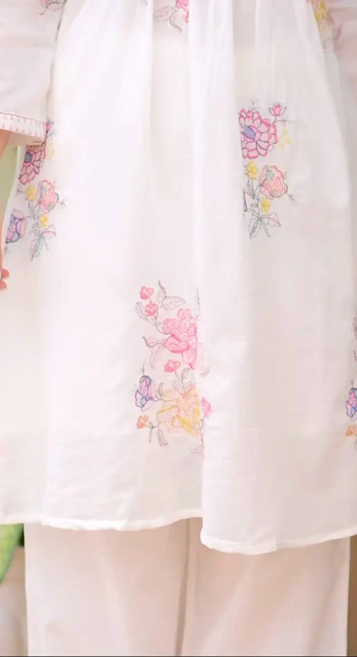 Off White Embroidered A-Line Kurta and Pant Set