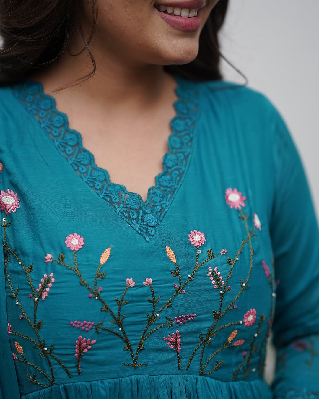 Elegant Teal Anarkali Set with Floral Embroidery