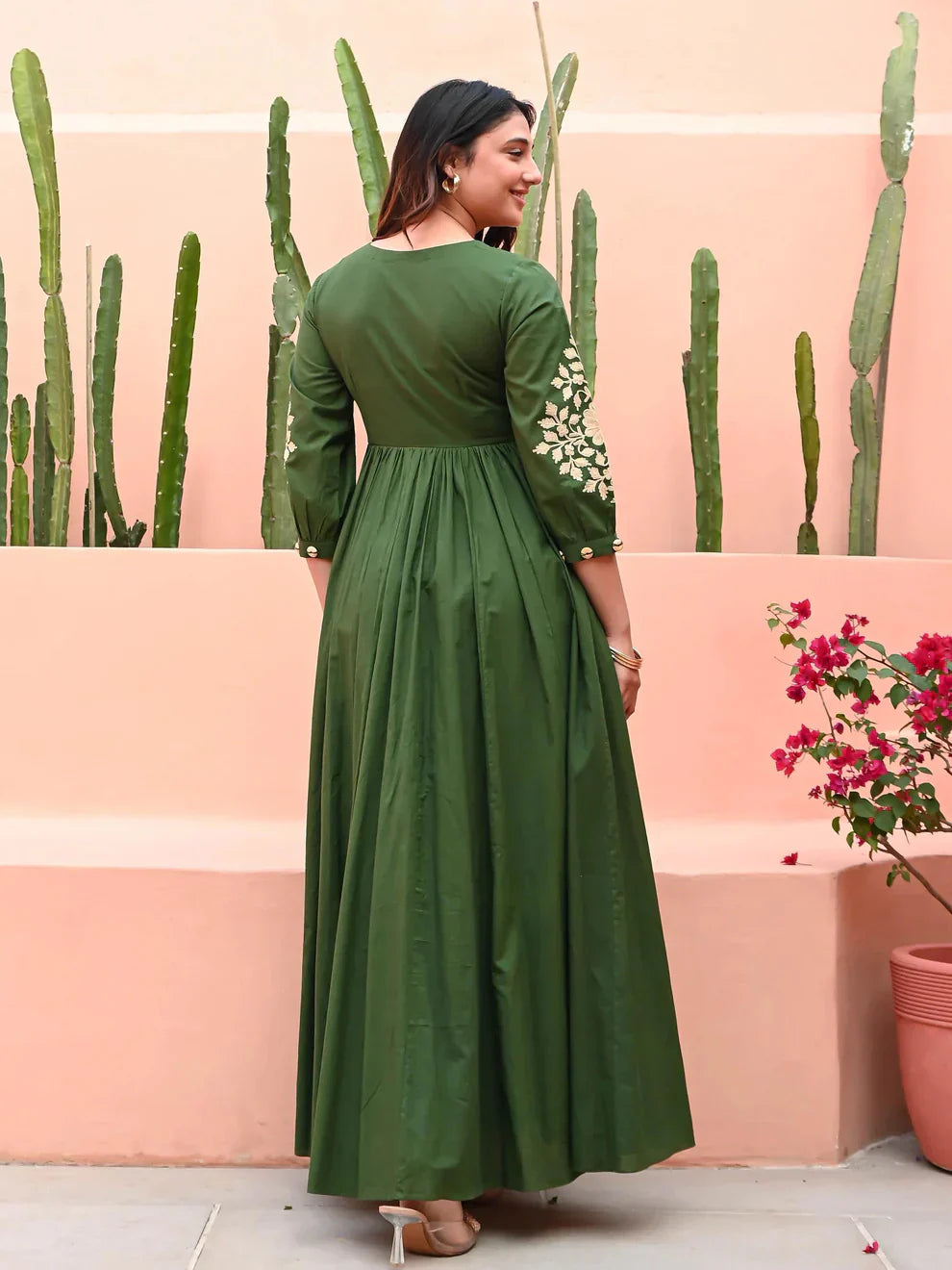 Green Hand Embroidered Cotton Anarkali Gown