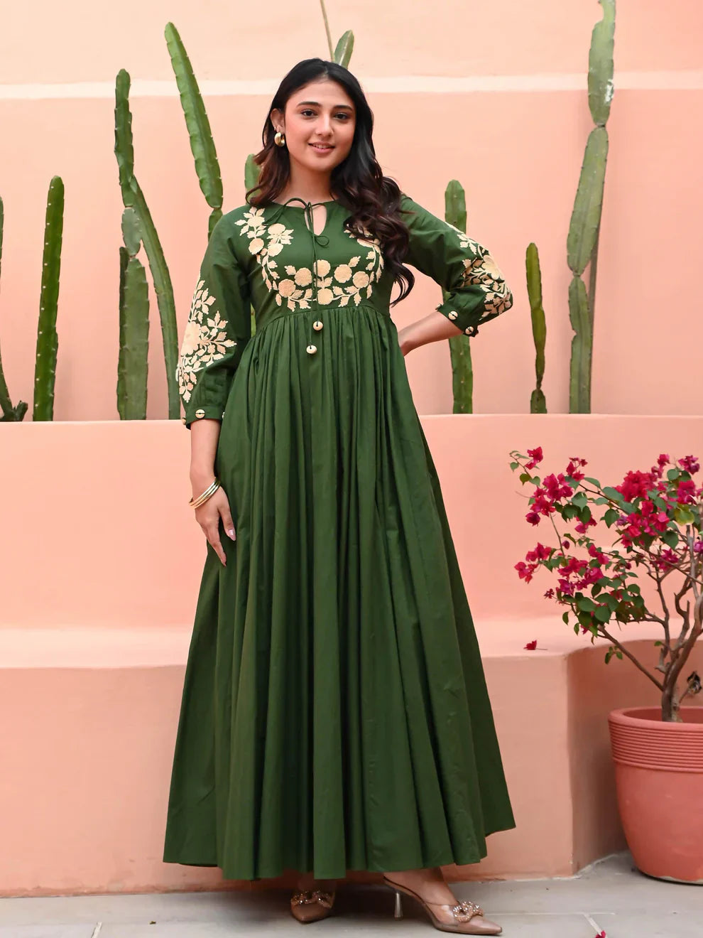 Green Hand Embroidered Cotton Anarkali Gown
