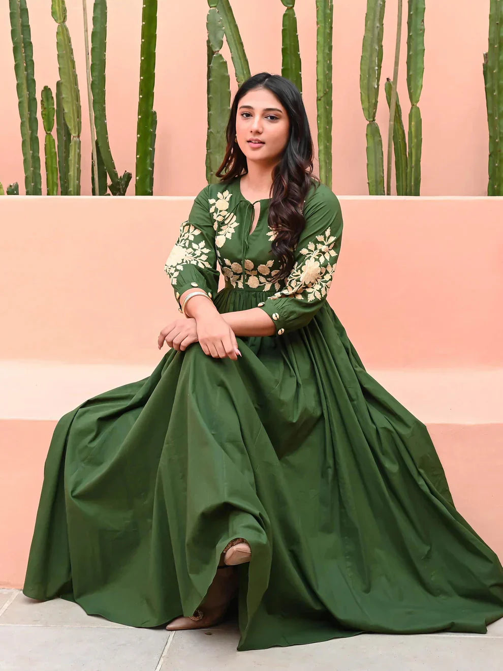 Green Hand Embroidered Cotton Anarkali Gown