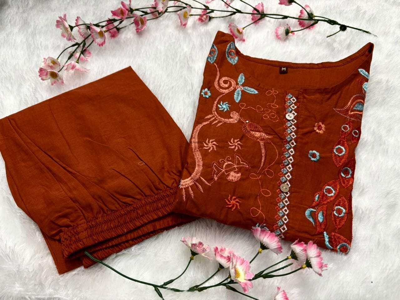 Rust Embroidered Floral Cotton Co-ord Set