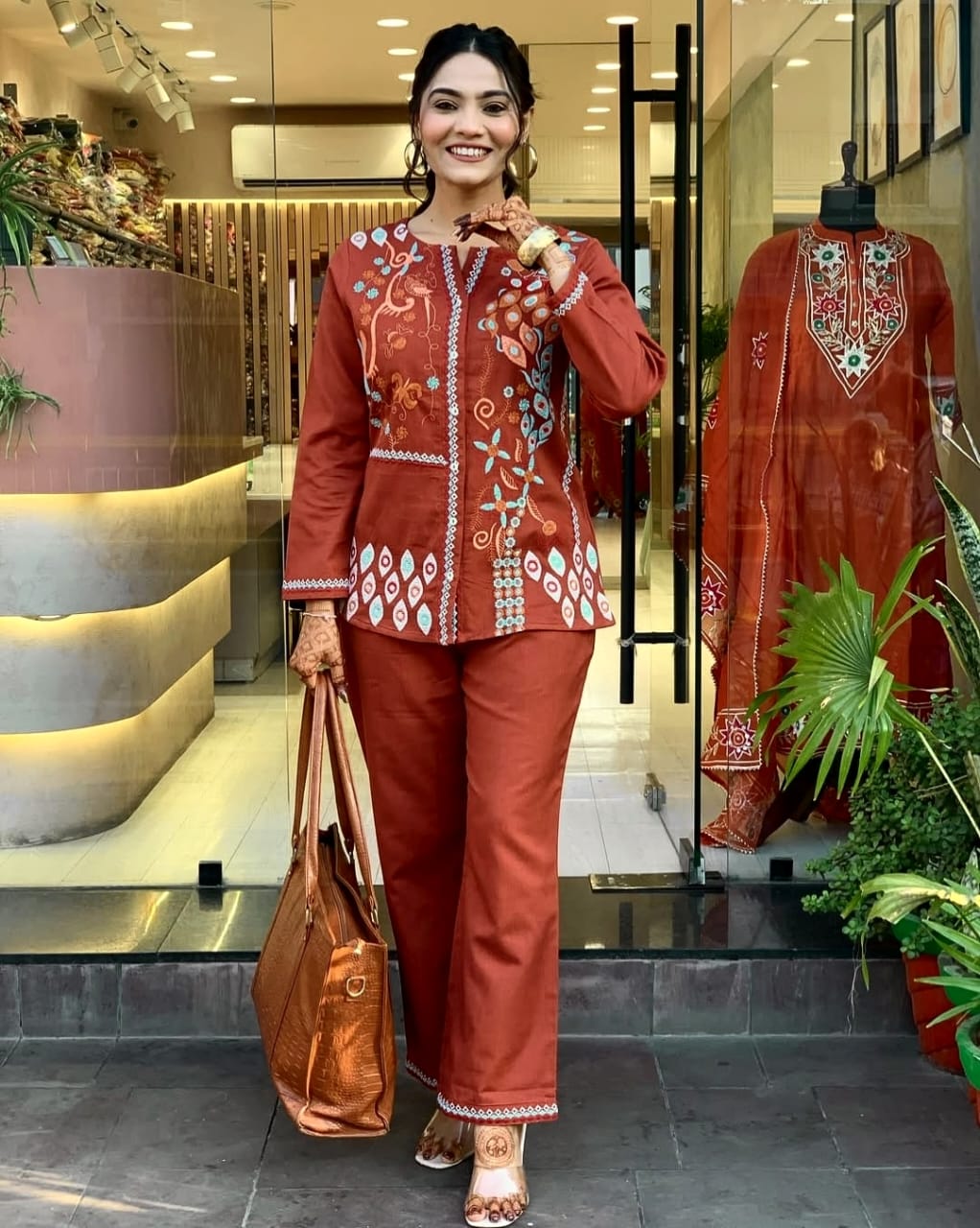 Rust Embroidered Floral Cotton Co-ord Set