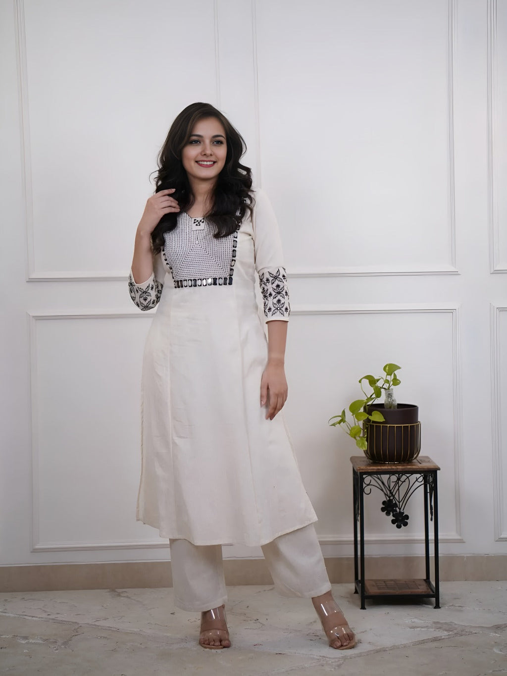 Off-White Embroidered Floral & Geometric Kurta and Pant Set