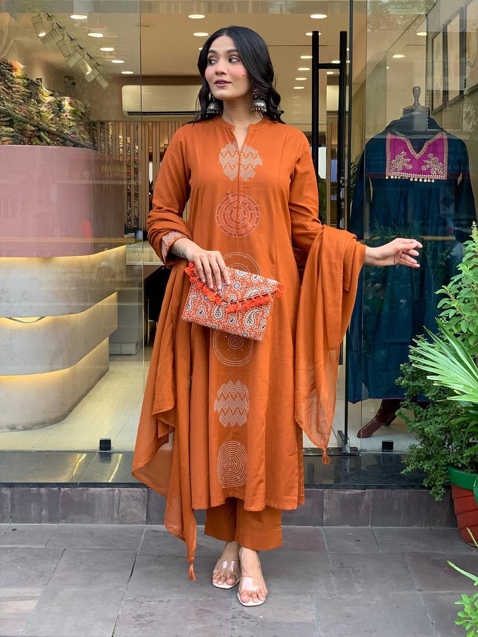 Rust Orange Embroidered Cotton Suit Set with Dupatta
