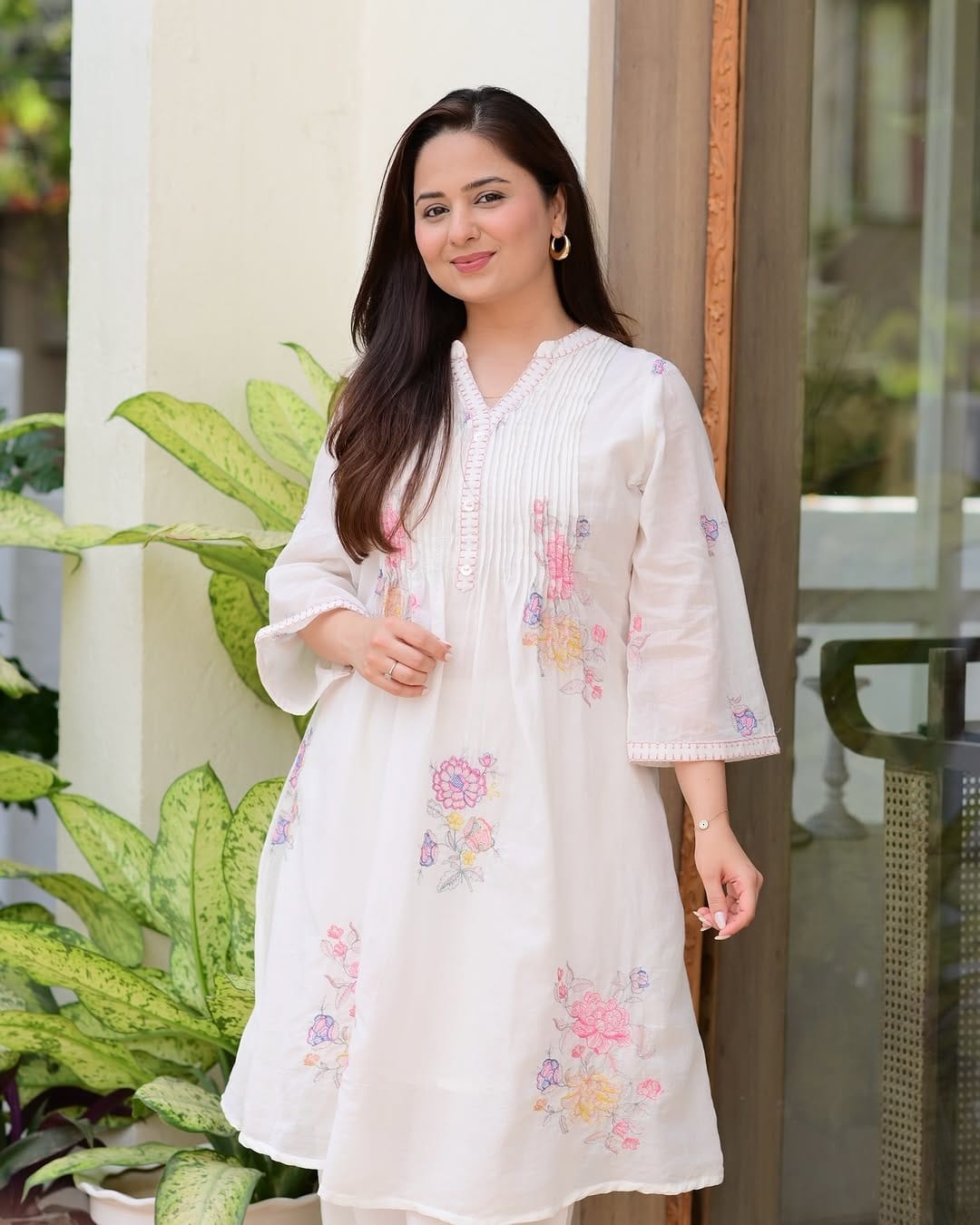 Off White Embroidered A-Line Kurta and Pant Set